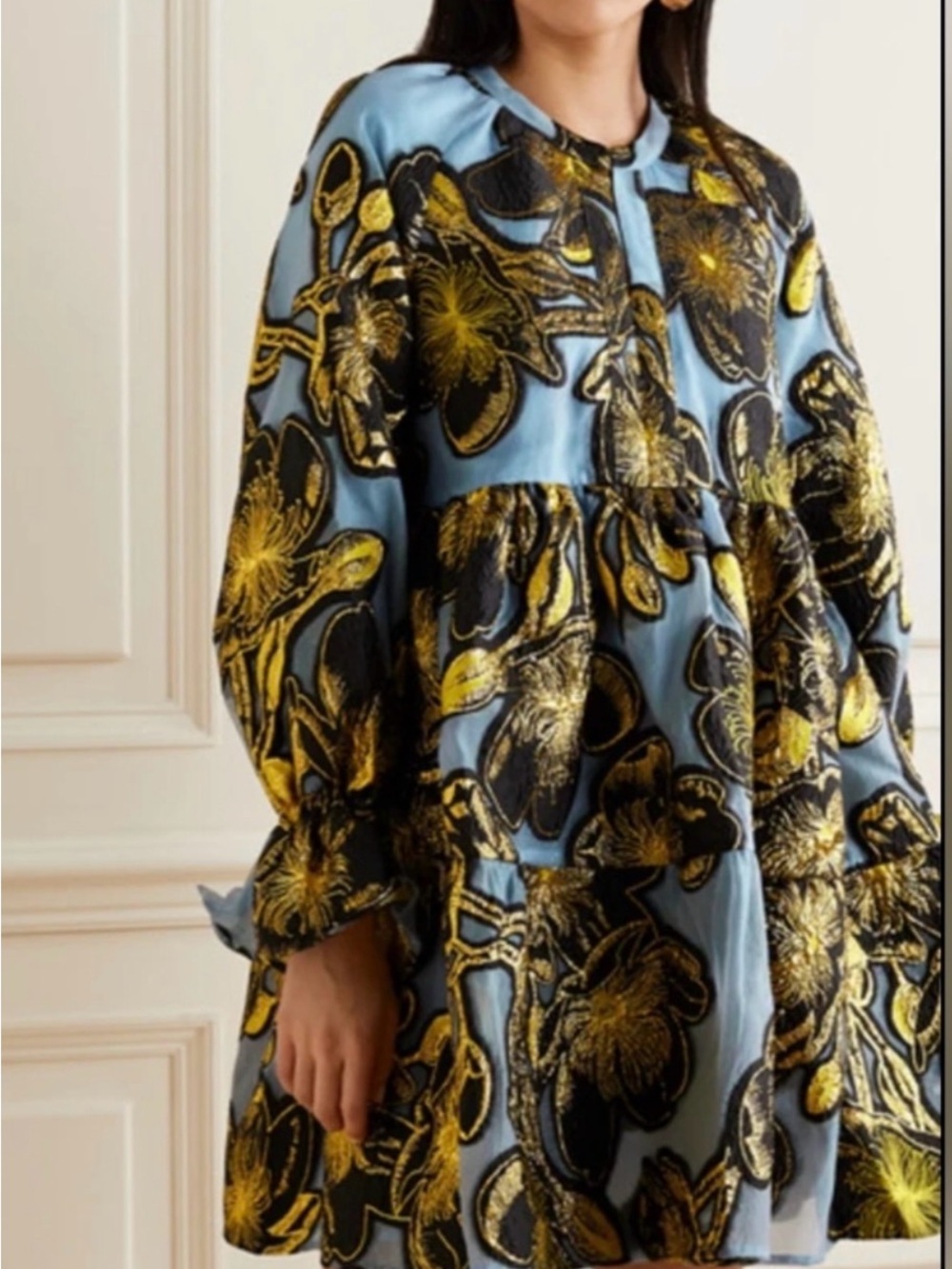 STINE GOYA Ivana Organza Metallic Floral Jacquard Mini Dress Blue Gold M